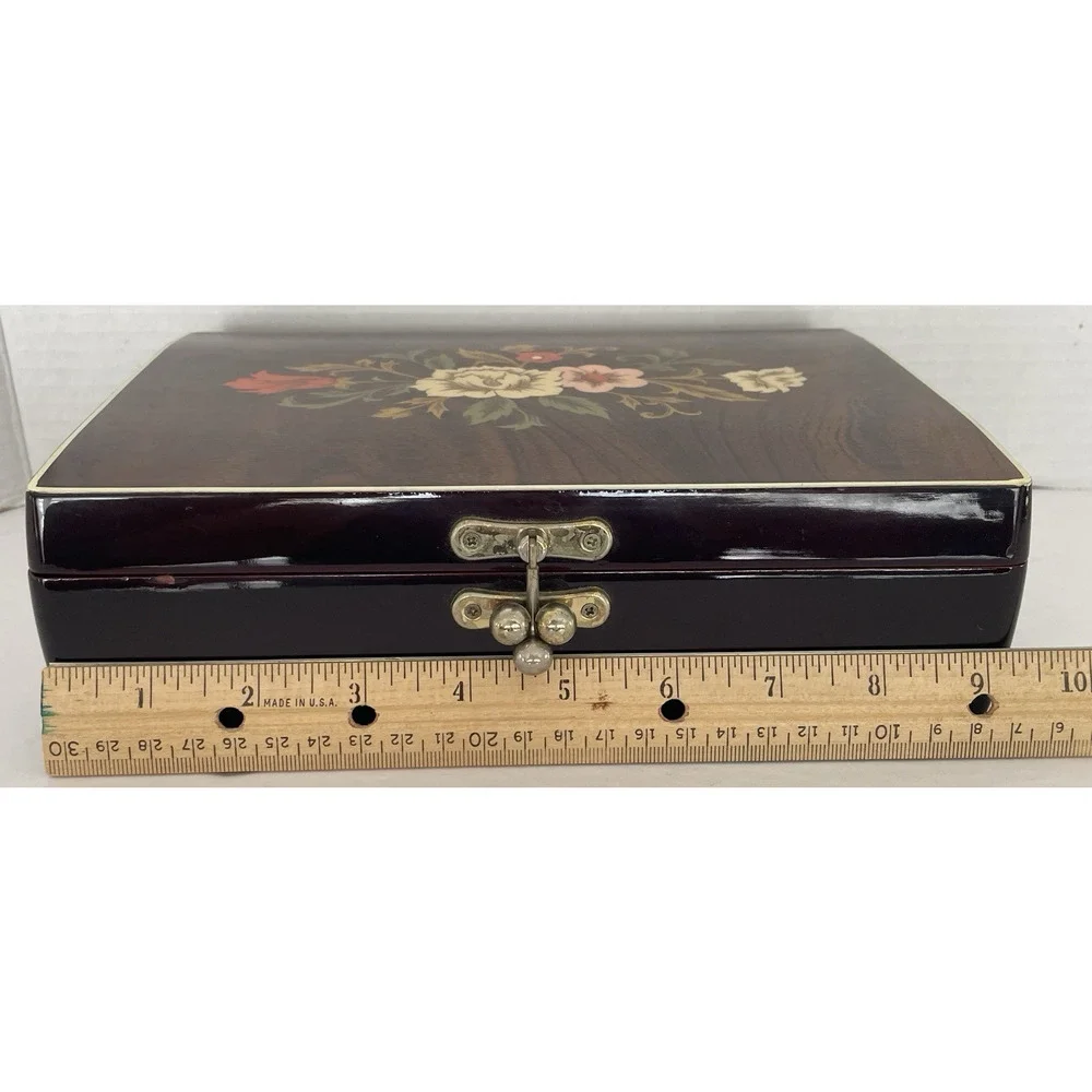 VTG Kimco Japan Wooden Jewelry Box Floral Inlay Gold Velvet Lining Mirror